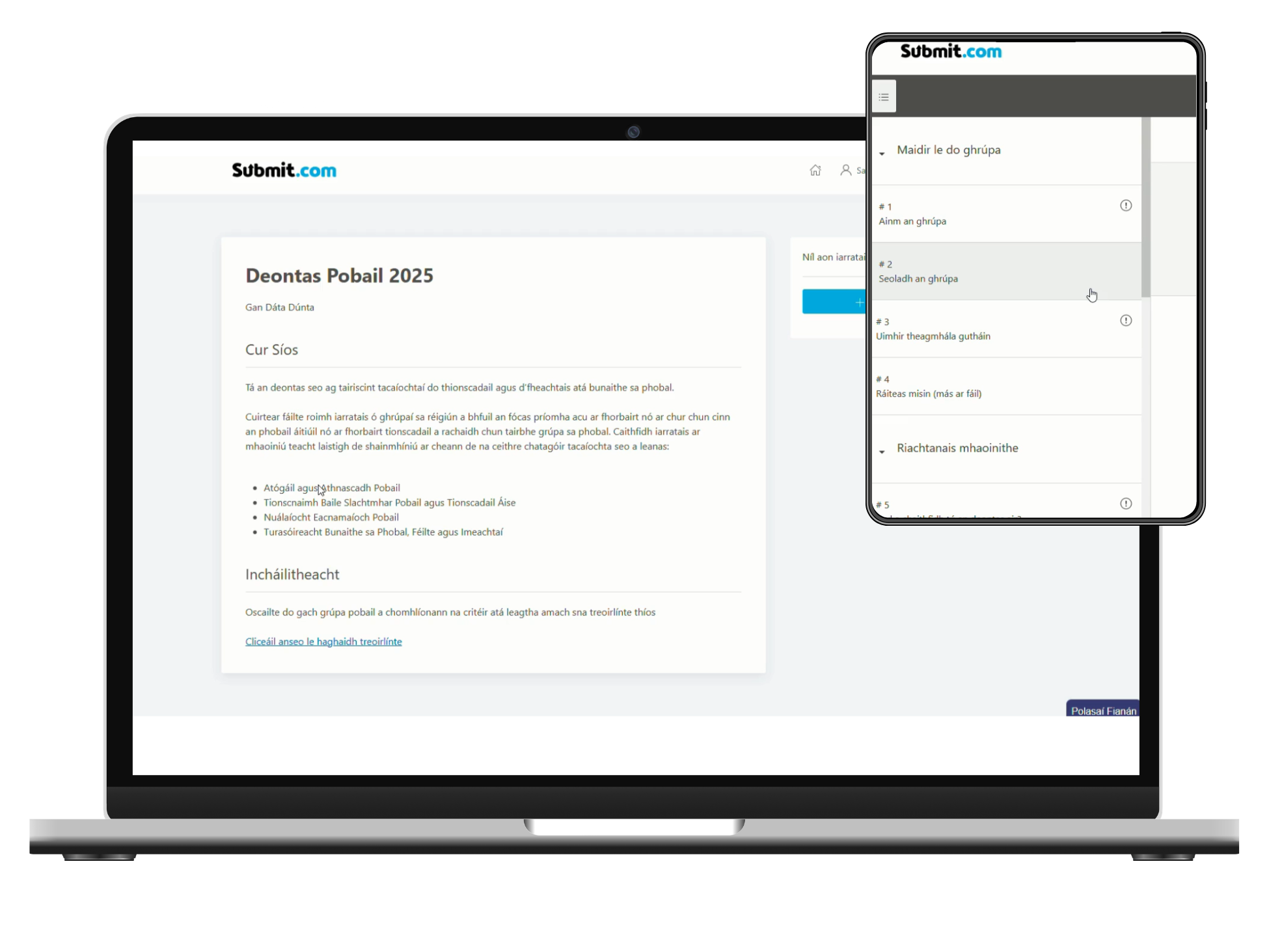 The same Submit.com scheme shown in English and in Irish, built and maintained from a single form