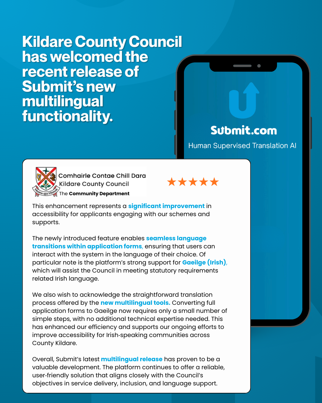 Kildare County Council testimonial — Submit.com multilingual functionality